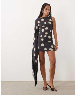 ASOS Printed Spot Fringe Detail Mini Dress With Batwing Sleeve - Black