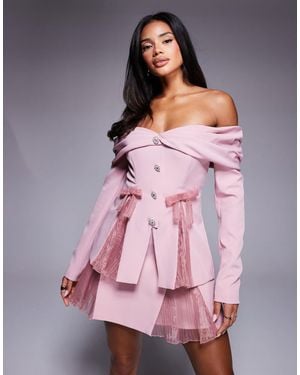 ASOS Off The Shoulder Tailored Blazer With Organza Pleats - Pink