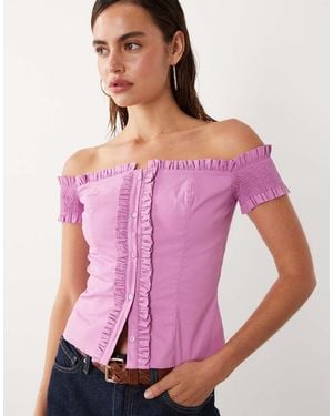 Mango Starring Hailey Bieber Ruffle Detail Off Shoulder Blouse - Purple
