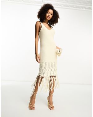 Y.A.S Crochet Maxi Dress With Fringe Hem Detail - Natural