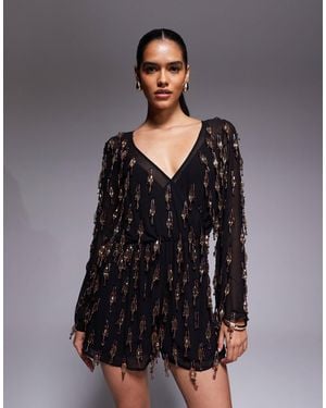 ASOS Allover Embellished Playsuit With Blouson Bodice - Grey