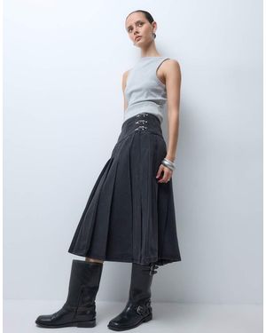 The Ragged Priest Denim Kilt Midi Skirt - Blue