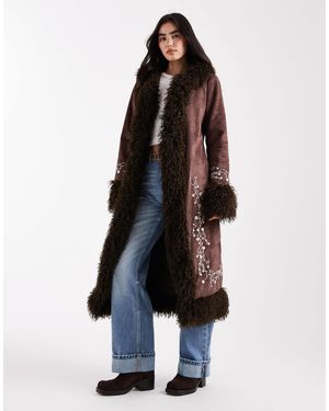 Daisy Street Embroidered Penny Lane Coat With Faux Fur Trim - Blue