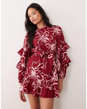 Wednesday's Girl Tie Waist Long Sleeve Mini Dress - Red