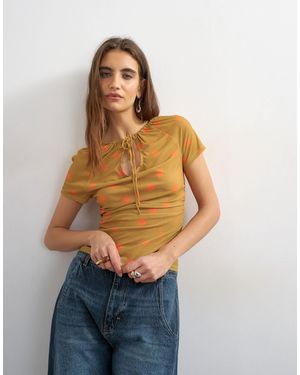 TOPSHOP Polka Dot Mesh Key Hole Detail Short Sleeve Top - Blue