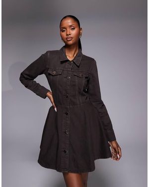 River Island Pleated Denim Long Sleeved Mini Dress - Grey
