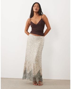 Never Fully Dressed Petite Maeva Sequin Lace Detail Midi Skirt - Natural