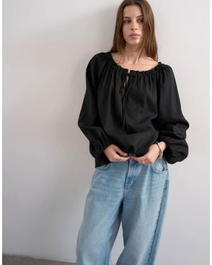 TOPSHOP Trapeze Linen Blend Tie Front Blouse - Black