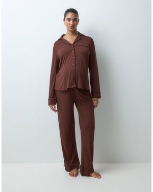 ASOS Asos Design Viscose Maternity Super Soft Long Sleeve Shirt & Trouser Pajama Set - Brown