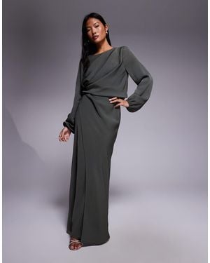 ASOS Asos Design Petite Long Sleeve Twist Waist Detail Maxi Dress With Open Back - Gray