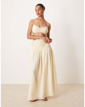Wanderdoll Soulie Linen Look Shirred Dropped Waist Tie Detail Maxi Skirt Co-ord - Natural
