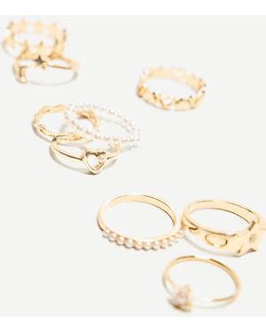 Bershka 9 Pack Of Thin Faux Pearl Rings - Metallic