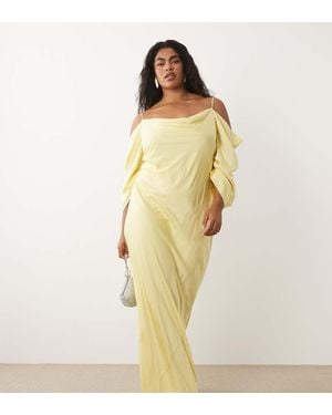 Tfnc Plus Cowl Cold Shoulder Maxi Dress With Ruched Sleeves - Metallic