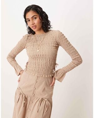 Glamorous Long Sleeve Shirred Top With Tie Sides - Natural