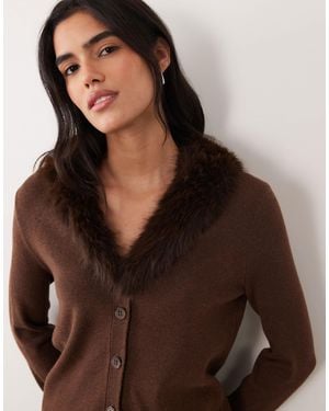 Pieces Fur Trim Knitted Cardigan - Brown