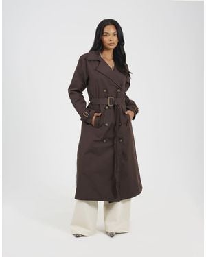 Brave Soul Double-Breasted Longline Trench Coat - Brown
