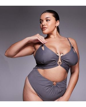 ASOS Asos Design Curve Lucie Plunge Swimsuit With Cut Out And Resin Trim - Grey