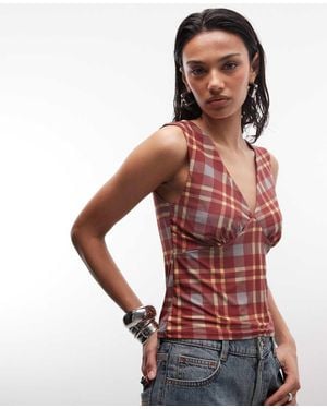 Reclaimed Vintage Check Print V Neck Tank Top - Red