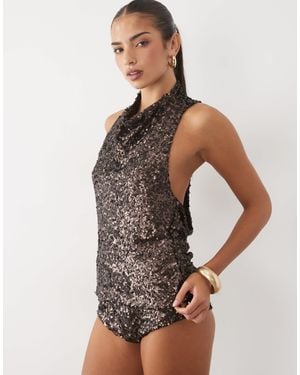 ASOS Draped Sequin Deep Racer Back Top - Brown