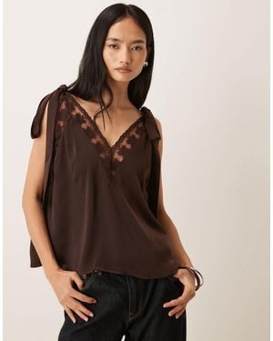 Bardot Aubrey Satin Bow Tie Shoulder Detail Lace Trim Cami Top - Brown