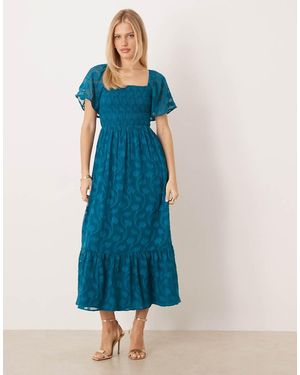 Lovedrobe Floral Burnout Square Neck Shirred Midaxi Dress - Blue