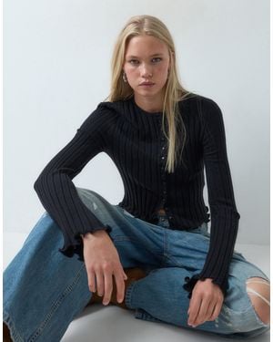 ASOS Wide Rib Knit Frill Cuff And Hem Cardigan - Blue