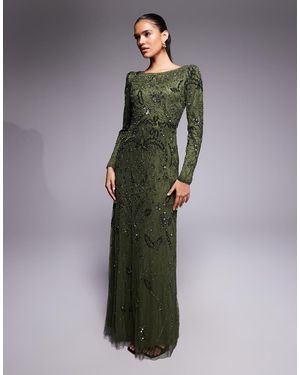 Beauut Vestido Largo Verde Con Cuello Recto Y Capa Superior De Malla Adornada Con Cuentas De