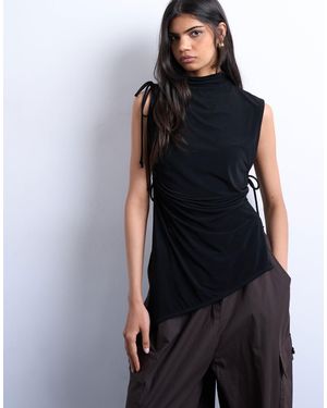 TOPSHOP High Neck Ruched Channel Tunic Top - Black