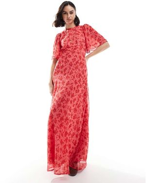 Wednesday's Girl Floral Print High Neck Ruffle Sleeve Maxi Dress - Red