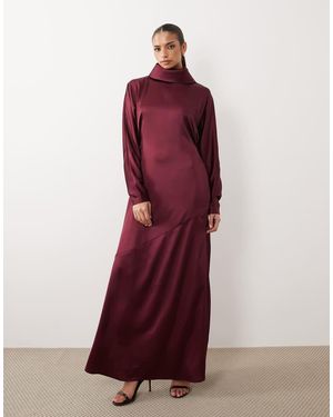 DASKA Vestido Largo Con Mangas Murciélago Y Cuello Alto Drapeado De Satén De -Rosa - Rojo
