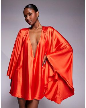 The Dolls House Lorena Satin Volume Sleeve Plunge Neck Mini Dress - Red