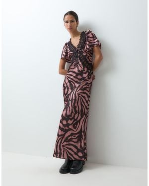 Reclaimed Vintage Satijnen Maxi Tea Dress Met Zebra Print - Meerkleurig
