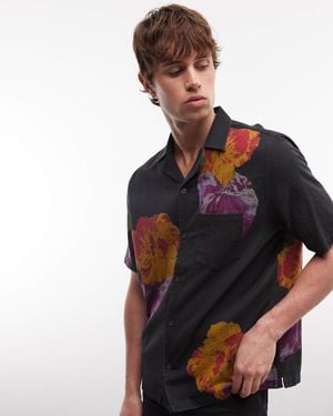 AllSaints Nouvelle Short Sleeve Linen Blend Floral Shirt - Black