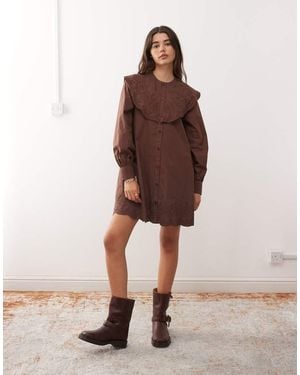 Reclaimed Vintage Mini Shirt Dress With Oversized Collar And Floral Embroidery - Brown