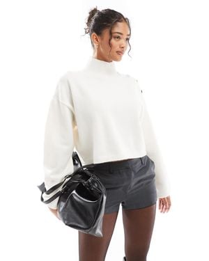 Bershka Gold Button Detail High Neck Sweater - White