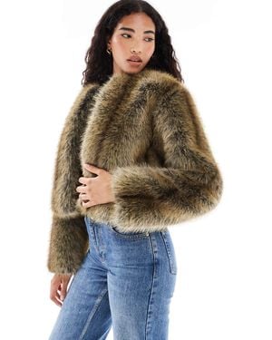 Brave Soul Collarless Short Faux Fur Jacket - Brown