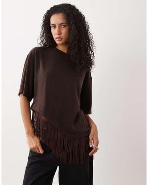 ASOS Premium Oversized Asymmetrisch T-Shirt Met Franjes - Bruin