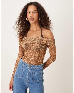Motel Nanila Lace Off The Shoulder Long Sleeve Top - Blue