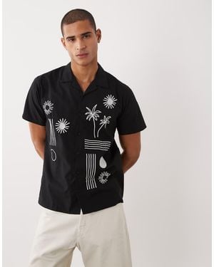 Threadbare 100% Cotton Short Sleeve Shirt With Flower Embroidery Detail - Black