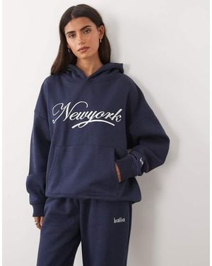 Kaiia Cotton Rich Embroidered New York Script Logo Oversized Hoodie Co-ord - Blue