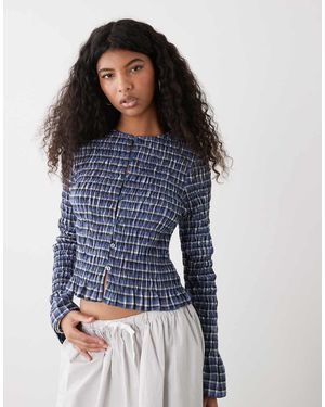 Reclaimed Vintage Long Sleeve Shirred Top With Flared Sleeves - Blue