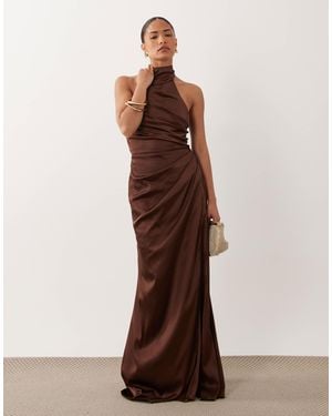 TFNC London Tfnc Bridesmaid Petite Satin Halter Neck Pleat Detail Maxi Dress - Brown