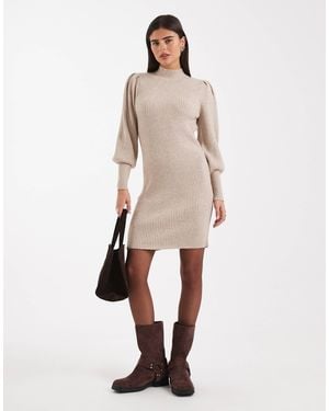ONLY High Neck Puff Sleeves Sweater Dress - Natural