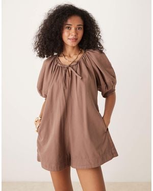 ASOS Soft Denim Playsuit With Balloon Sleeves - Brown