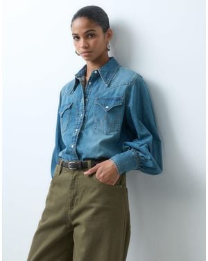 Wrangler Denim-westernhemd mit blouson-ärmeln - Blau