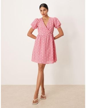 Lovedrobe Embroidered Short Sleeve Faux Wrap Mini Dress - Pink