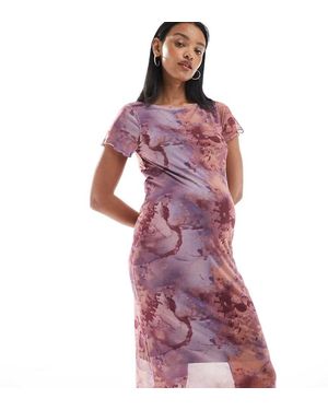 Mama.licious Vestido Midi Rosa Con Cuello Barco Y Estampado Marmolado De Malla De Punto De Mamalicious Maternity - Morado