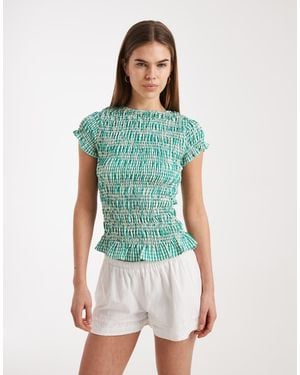 Daisy Street Shirred Short Sleeve Top - Green