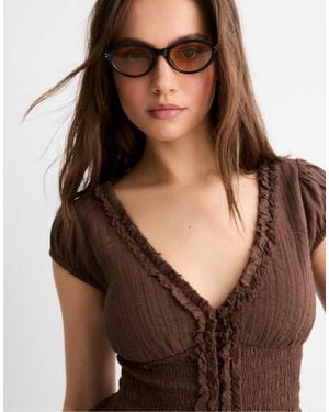 Stradivarius Short Sleeve Shirred Shirt - Brown