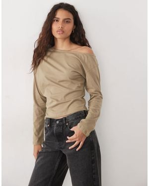 Motel Blessen Off Shoulder Slouchy Long Sleeve Top - Natural